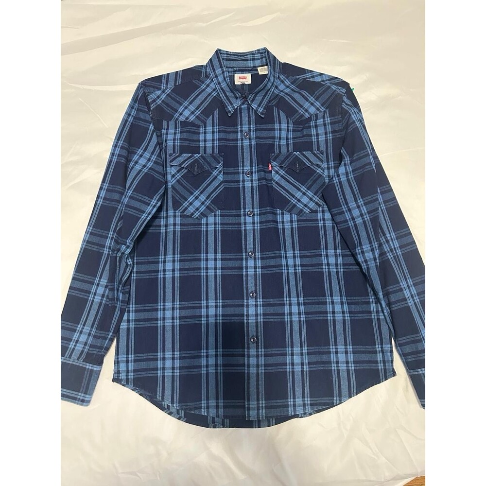 Levi’s Men’s Western Plaid Shirt Long Sleeve Snap Front Blue Check Size L.
